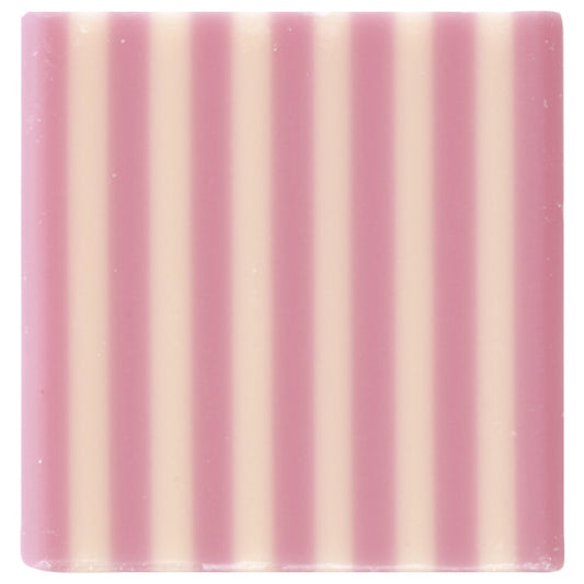 Pink and white striped chocolate square, perfect for decorating cakes, cupcakes, and pastries.