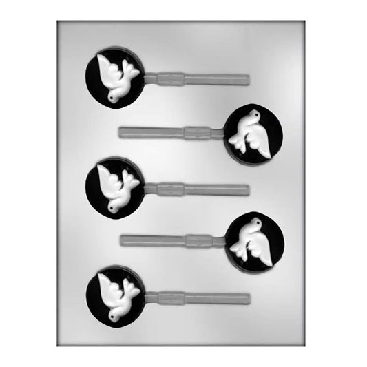 A set of four chocolate lollipop molds depicting doves in mid-flight, embodying peace and purity, perfect for religious celebrations, weddings, or christening party favors.