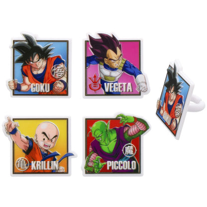 Set of four Dragon Ball Z cupcake rings with square toppers featuring Goku, Vegeta, Krillin, and Piccolo on a white background.