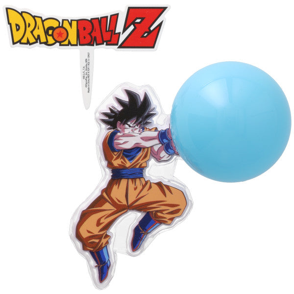 Dragon Ball Z cake topper set showing Goku figure aiming a large blue Spirit Blast sphere, with a separate Dragon Ball Z logo pick on a white background.