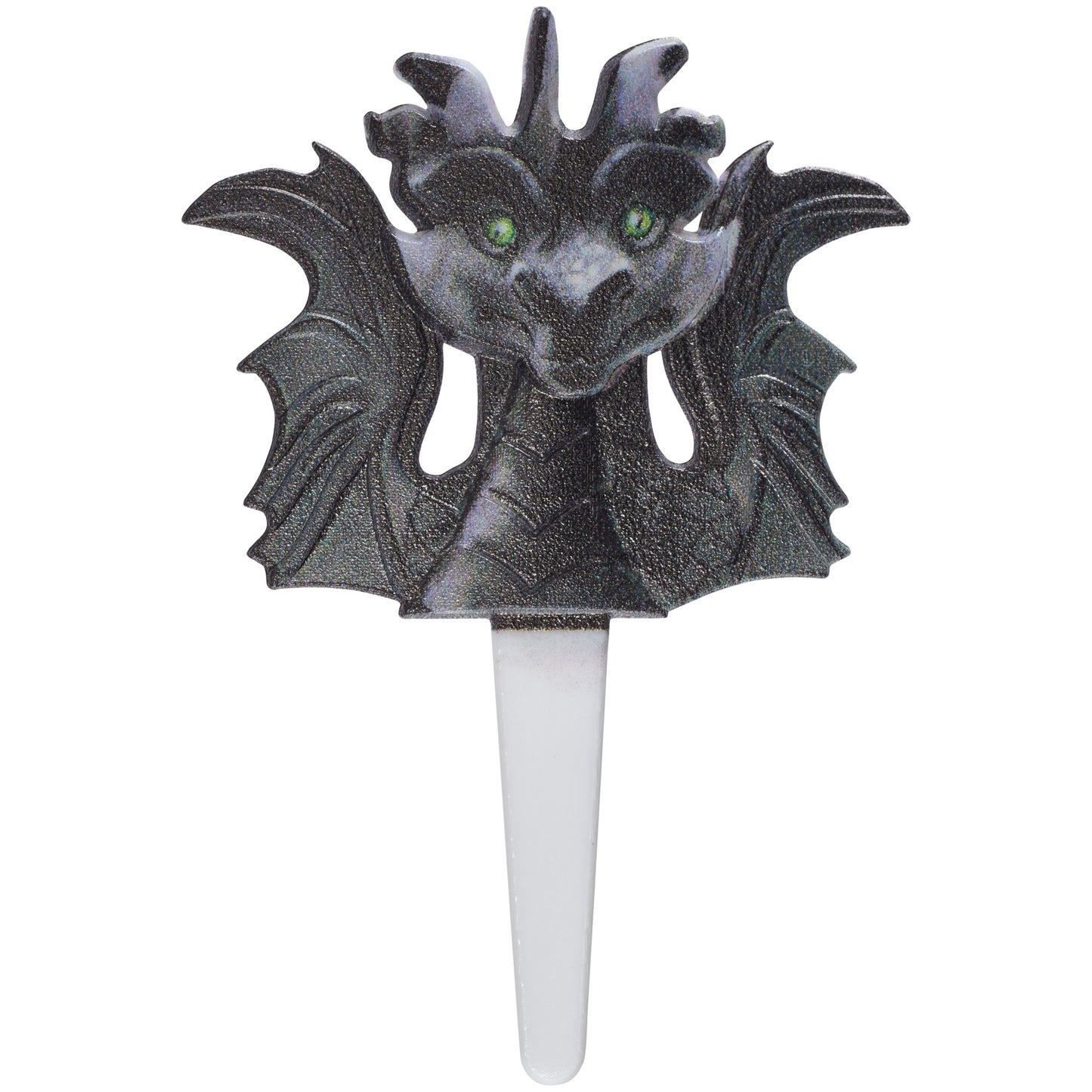 Close-up of a dark gray dragon cupcake pick with spread wings and green eyes on a white plastic pick, shown on a white background.