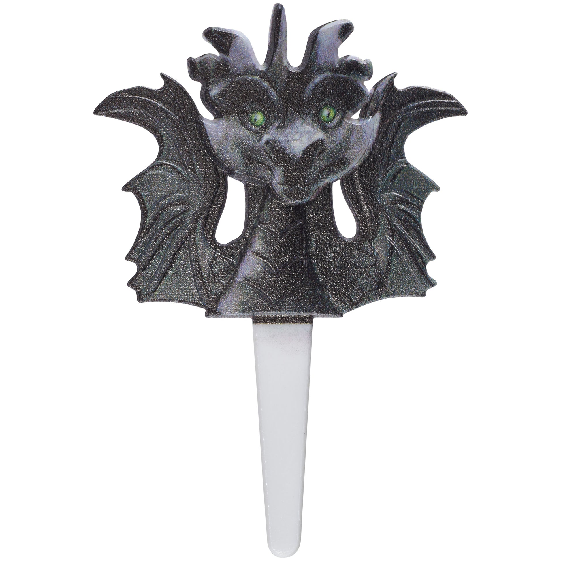 Close-up of a dark gray dragon cupcake pick with spread wings and green eyes on a white plastic pick, shown on a white background.