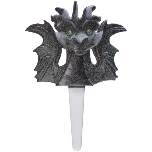 Close-up of a dark gray dragon cupcake pick with spread wings and green eyes on a white plastic pick, shown on a white background.
