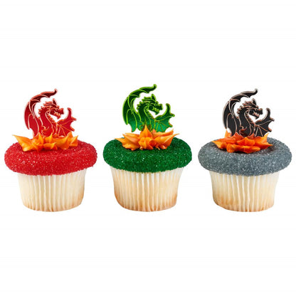 A trio of dragon cupcake toppers in red, green, and black, positioned on fire-like orange icing, designed to bring a mythological flair to any cupcake arrangement.
