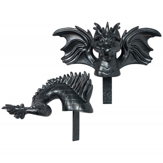 A set of dragon cake toppers featuring the head and tail, intricately designed in black with majestic wings and detailed scales, perfect for fantasy-themed parties and dragon lovers.