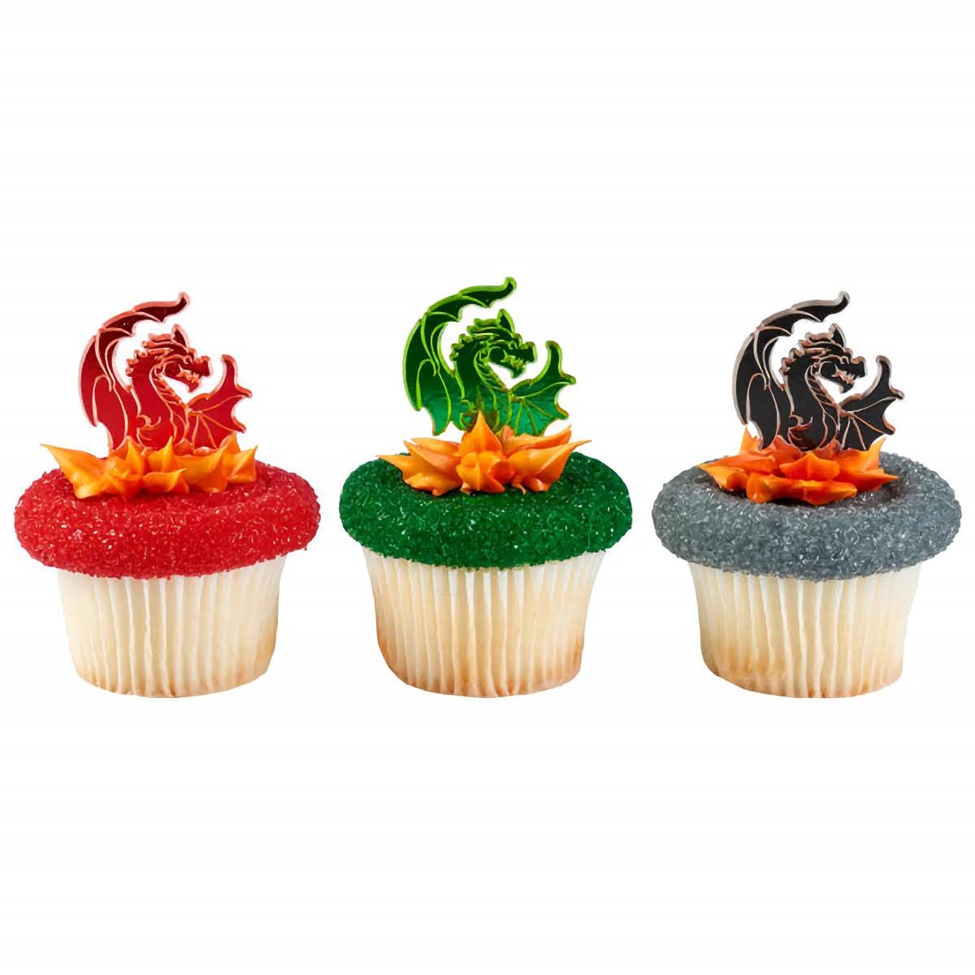 A trio of dragon cupcake toppers in red, green, and black, positioned on fire-like orange icing, designed to bring a mythological flair to any cupcake arrangement.