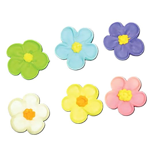 An assortment of six colorful royal icing drop flowers, featuring petals in pastel shades of green, blue, purple, white, yellow, and pink. Each piece is centered with a contrasting color, designed to enhance the visual appeal of desserts with their spring-inspired hues