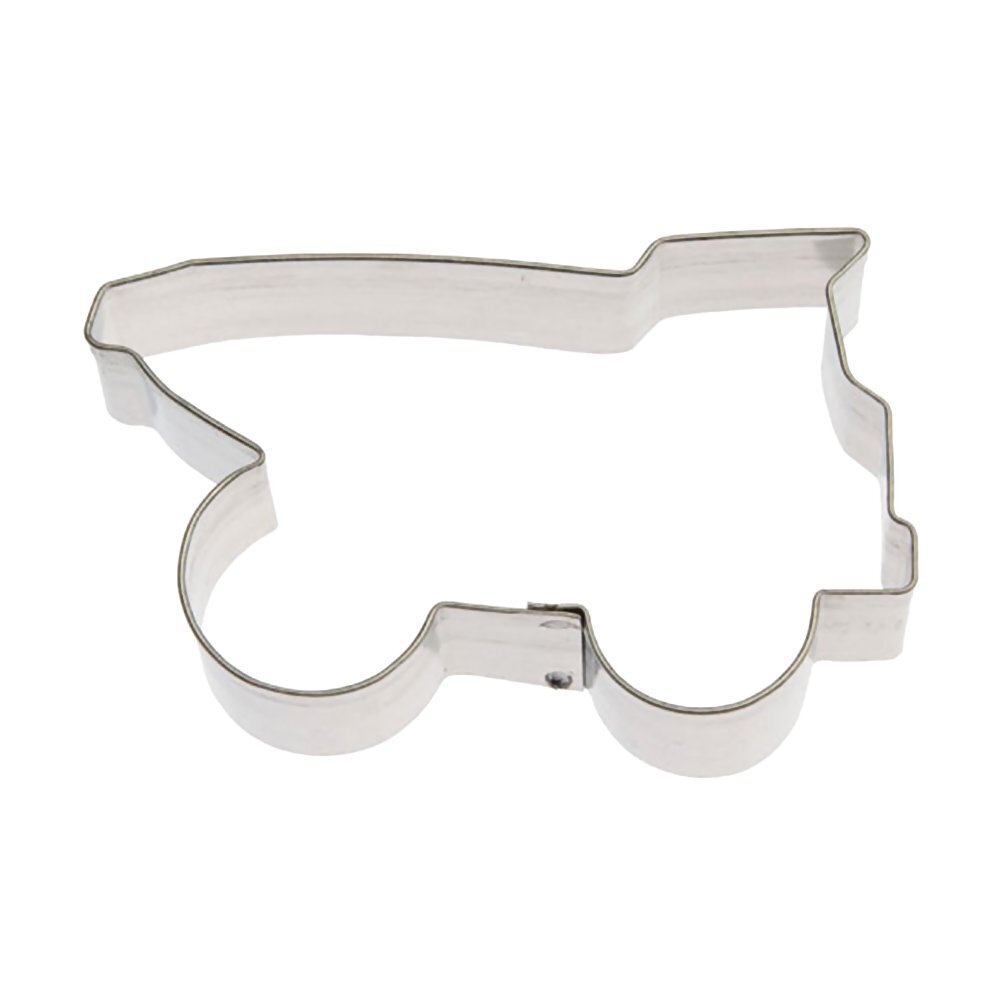 Dump truck-shaped tin cookie cutter with sharp edges and silver finish.