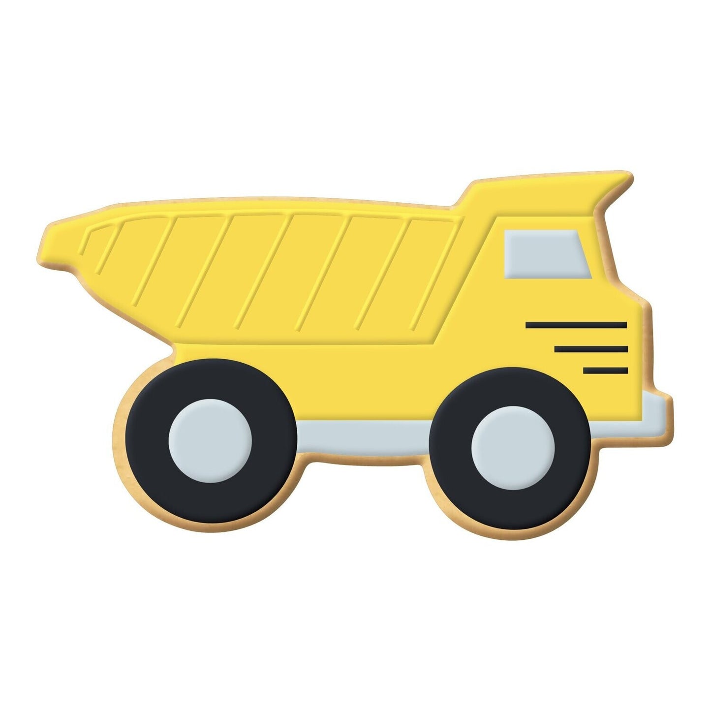 Dump truck-shaped cookie decorated with yellow icing, black wheels, and gray details.