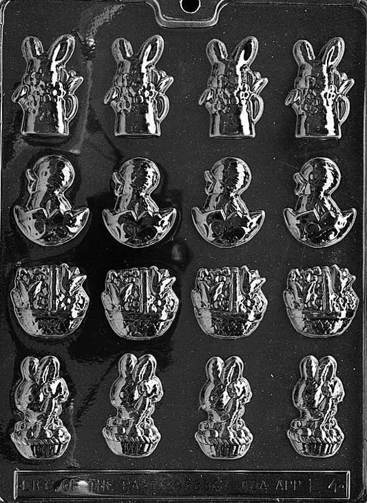 Mold featuring small assorted spring shapes including basket. Designed for chocolate assortments.