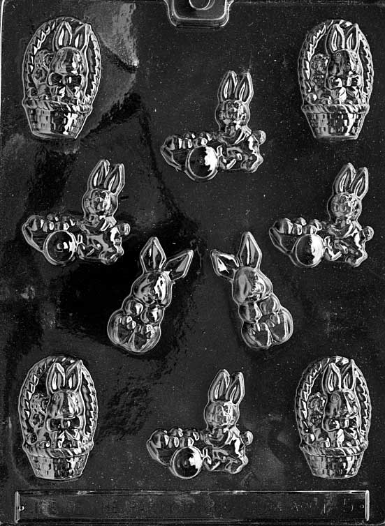 Mold showing various small spring icons including a cart. Designed for chocolate making.