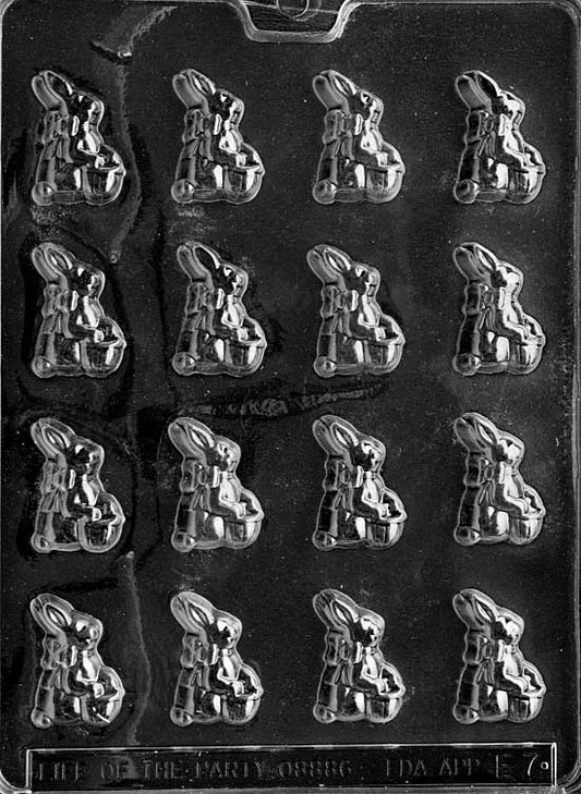 Mini bunny chocolate mold with basket detail. Designed for spring chocolate creations.