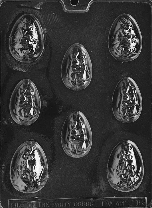 Chocolate mold of four large decorated eggs with floral and striped textures.