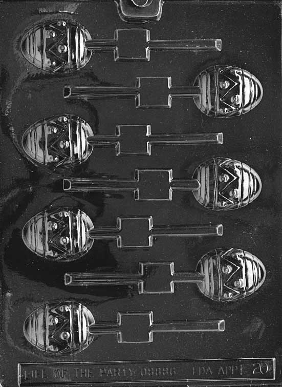 Egg-shaped lollipop mold with stick channel. Designed for small spring chocolate pops.