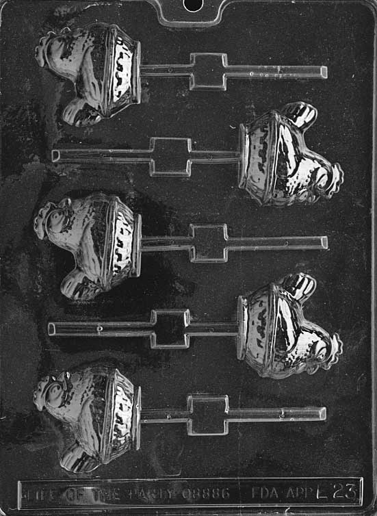 Chocolate lollipop mold of hen sitting in a basket with feather detail. Includes stick cavity.