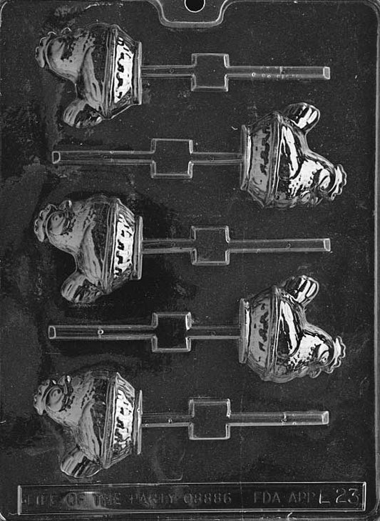 Chocolate lollipop mold of hen sitting in a basket with feather detail. Includes stick cavity.