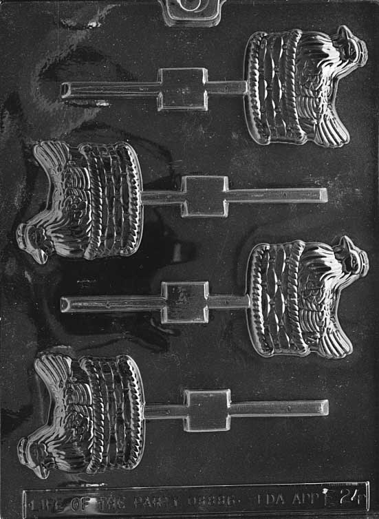 Chocolate Lollipop mold of hen in a basket with a flat silhouette and stick cavity.