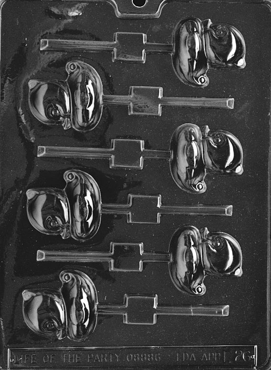 Chocolate Lollipop mold shaped like a small duck, complete with feather details and stick slot.