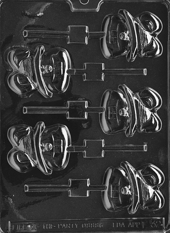 Lollipop mold with wide-eyed bunny and oversized teeth. Chocolate mold for springtime humor.