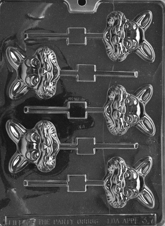 Lollipop chocolate mold with smiling bunny face, large cheeks, and stick channel.