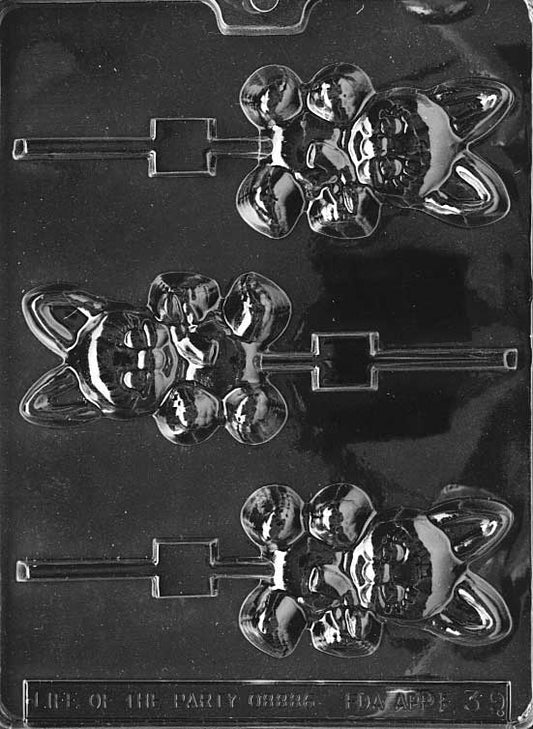 Chocolate Lollipop mold of a wide-eyed bunny with rounded cheeks and Lollipop stick slot.