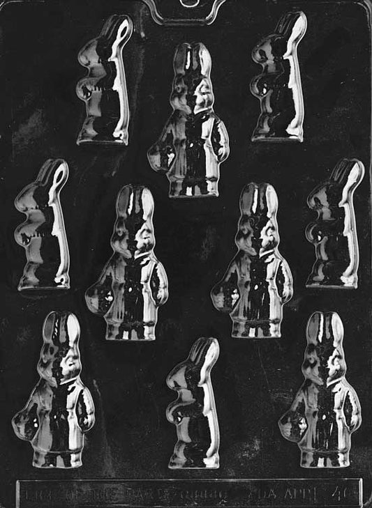 Mold with multiple bunny designs in varying poses, sized for seasonal confections.