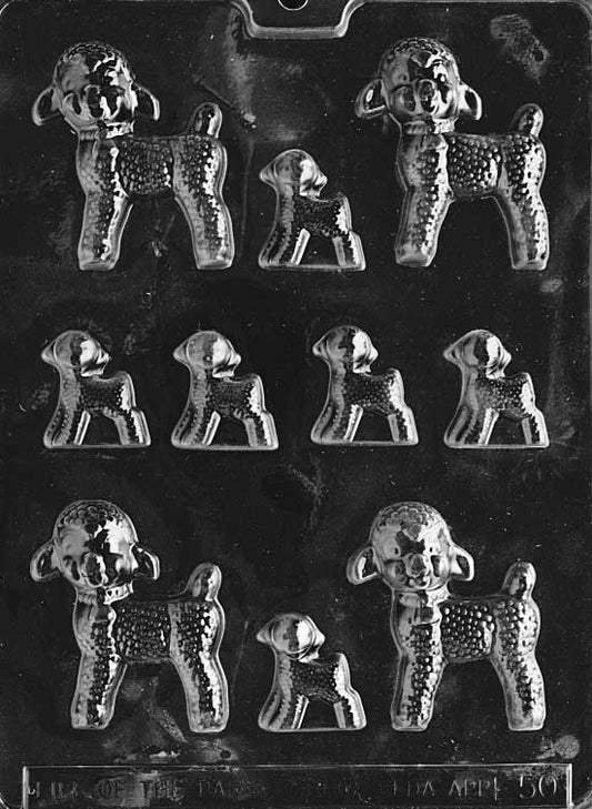 Chocolate mold with large and small lamb figures, ideal for spring confections.