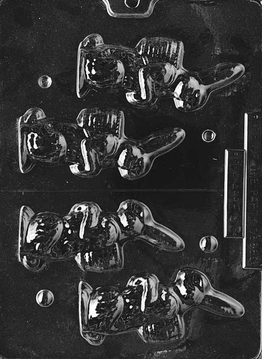 Chocolate mold of upright bunny with basket strapped to its back.