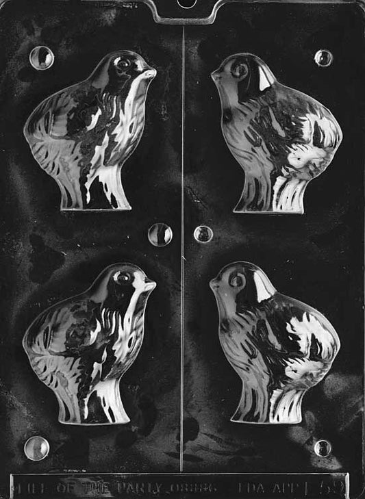 Chocolate mold of full-bodied chick with feather detail, made for hollow chocolates.