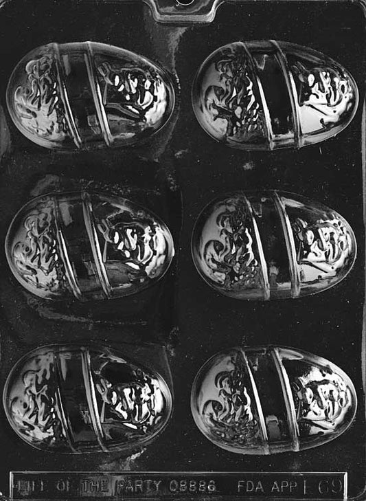 Chocolate mold shaped like an egg with flat surface for names or messages.