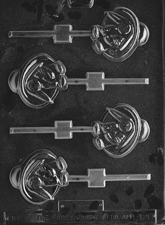 Chocolate mold of bunny character face with decorative hat.