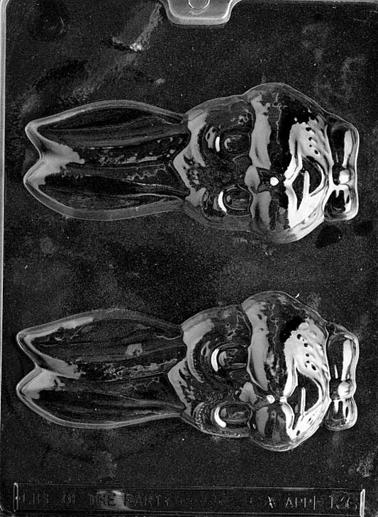 Chocolate mold of large bunny head with tall ears.