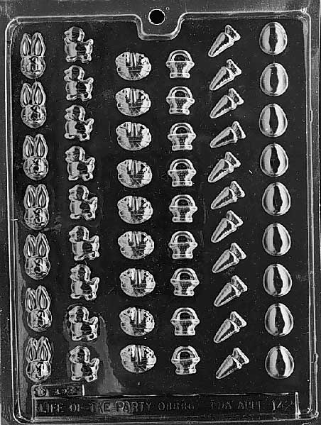 Chocolate mold making multiple tiny shapes, smallest about 1 inch.