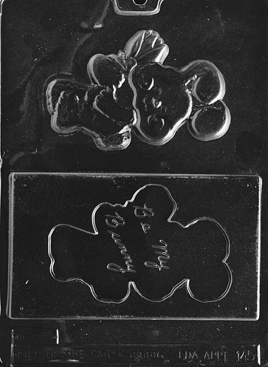 Chocolate mold shaped as bar with embossed Be My Bunny message.