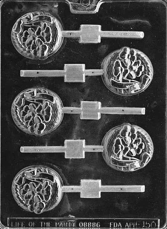 Chocolate mold shaped like a round basket with flower accent.