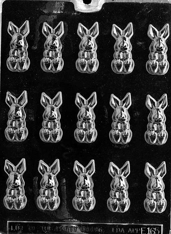 Bite-Sized Bunnies mold E165, small rabbit candies with long ears and slim bodies; approx 2 1/8 by 7/8.