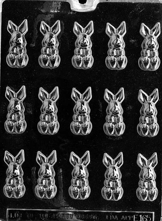Bite-Sized Bunnies mold E165, small rabbit candies with long ears and slim bodies; approx 2 1/8 by 7/8.