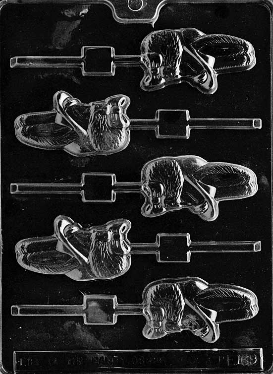 Cute Boy Bunny with Hat mold E169, small chocolate pop of a bunny in a cap; slim, cheerful profile.