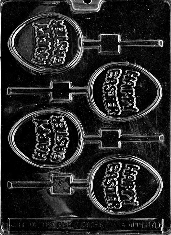 Happy Easter Egg Pop mold E170, egg-shaped chocolate lollipop with raised text and simple patterns; compact size.