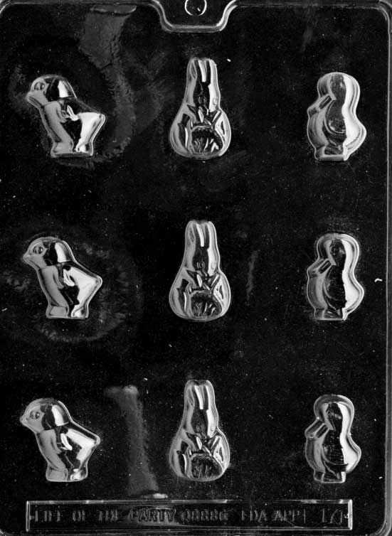 Bite-Sized Easter with Bunny, Chick mold E171, tiny shapes including bunny and chick; shallow 1/4 D profiles.