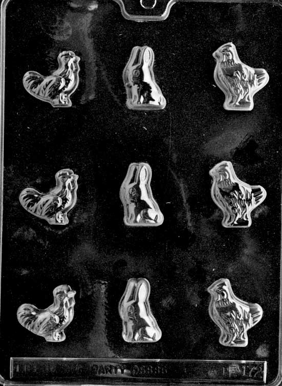 Bite-Sized Easter with Bunny, Rooste mold E172, tiny bunny and rooster shapes; shallow pieces around 1.6 inches.