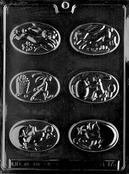 Assorted Oval Easter Pieces mold E174, small oval chocolates with seasonal icons; smooth backs.