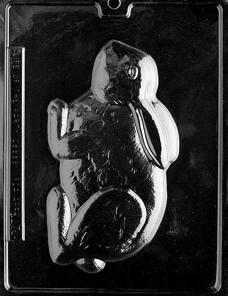 Fuzzy Squating Bunny mold E176, wide chocolate bunny in squat pose with textured fur; substantial plaque size.