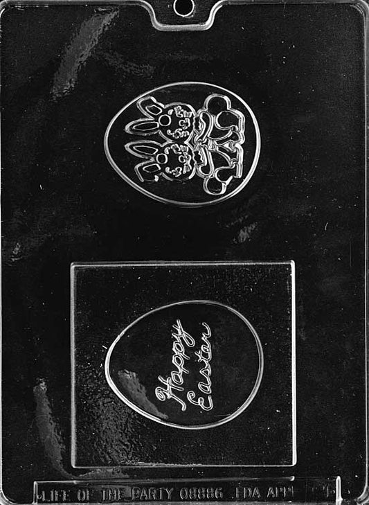 Happy Easter Lift Out Egg W mold E181, large egg-shaped chocolate with message and inset area; square 4 1/4 x 4 footprint.