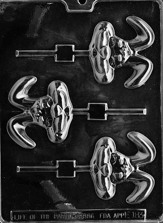 Big Earred Bunny Lollipop mold E183, chocolate lollipop of a bunny head with long ears; compact, rounded shape.