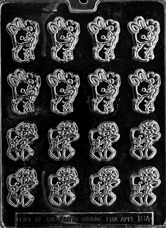 Chocolate mold featuring small back-side bunny and chick figures.