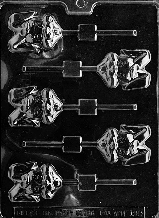 Chocolate mold of bunny face with floppy ears and buck teeth.
