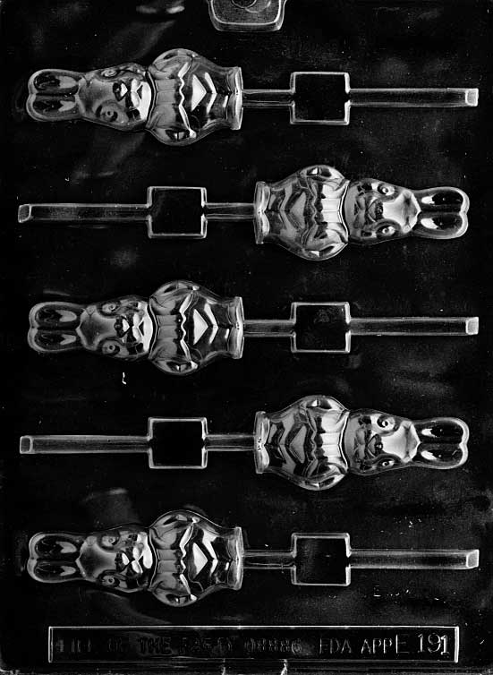 Chocolate Lollipop mold of bunny character wearing jacket.