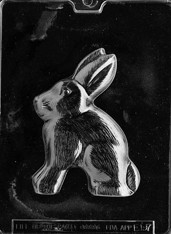 Chocolate mold of rabbit designed to fit specialty box sizes.