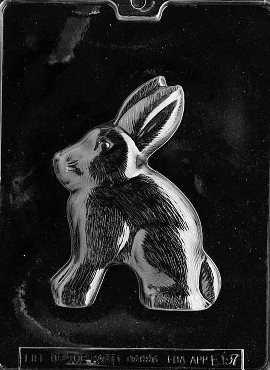 Chocolate mold of rabbit designed to fit specialty box sizes.